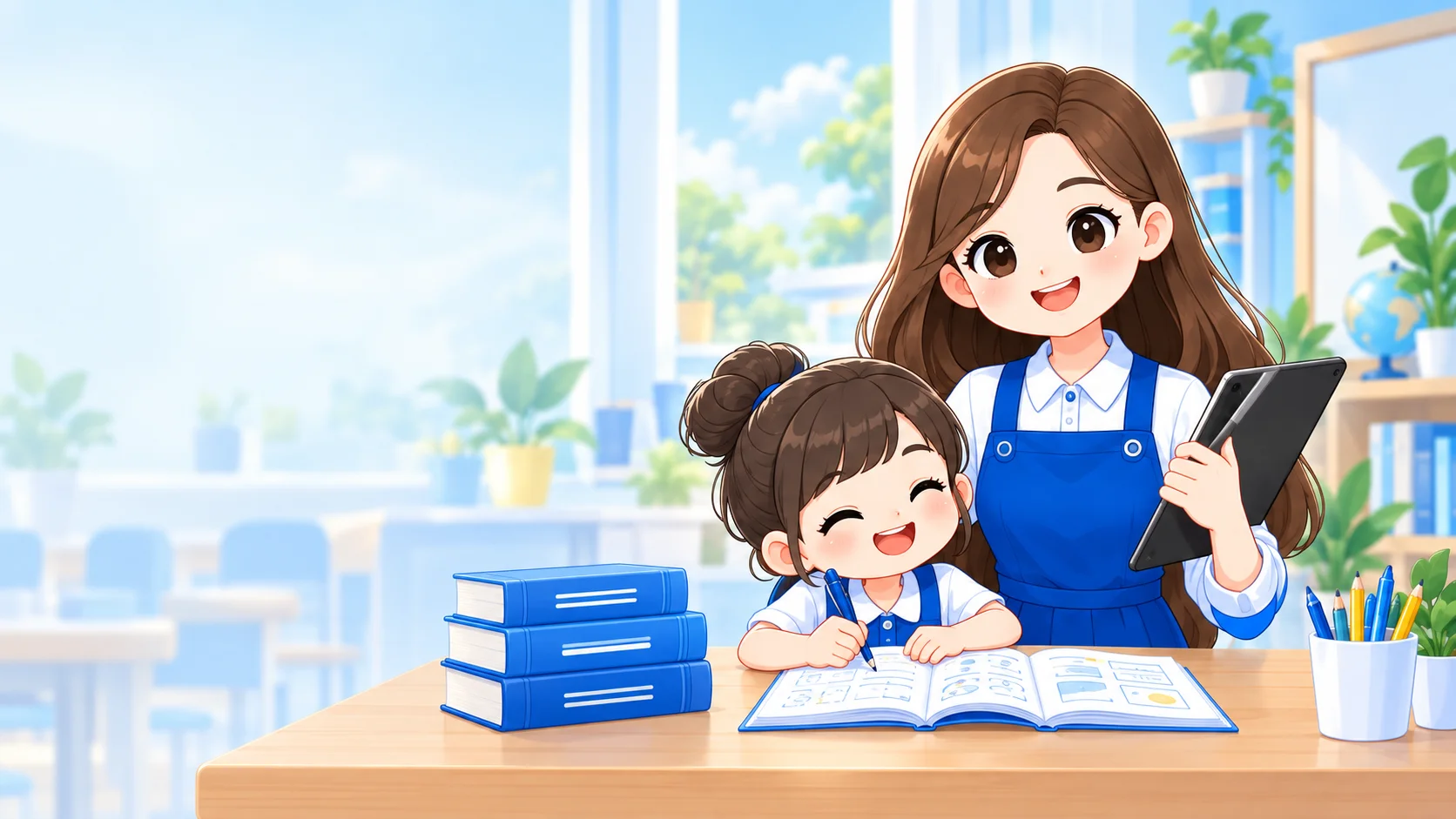 คุณครูและเด็กกำลังเรียนรู้ผ่านใบงานในห้องเรียนสีฟ้า