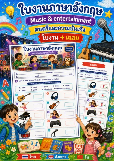 ใบงานดนตรีและความบันเทิง จับคู่ภาพกับคำใน Word Bank แล้วเขียนตัวอักษรลงในช่อง เช่น guitar piano drum singer